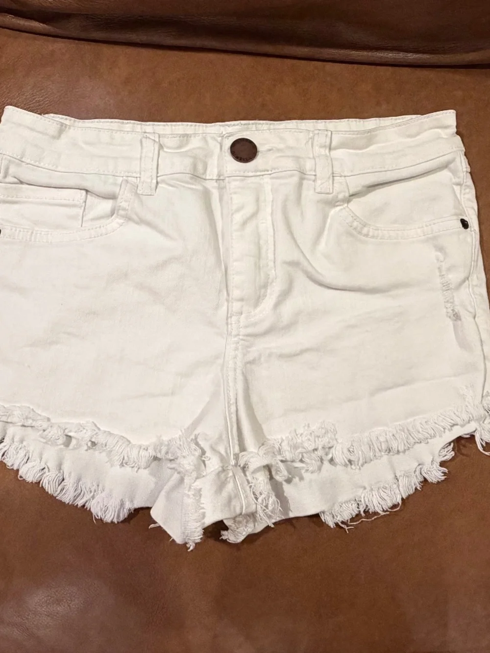 O'Neill Girls White Denim Cut-Off Shorts Size 14 Cotton Zip Pockets Distressed